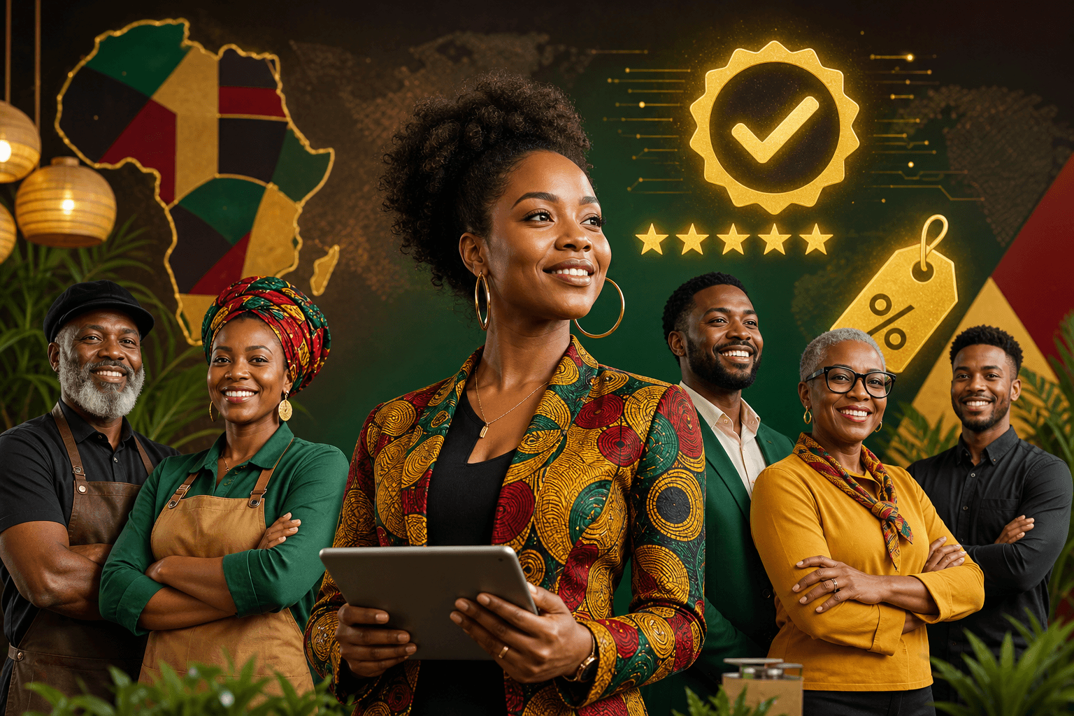 Black-owned business profile showing verified badge, customer reviews, and active deals displayed prominently