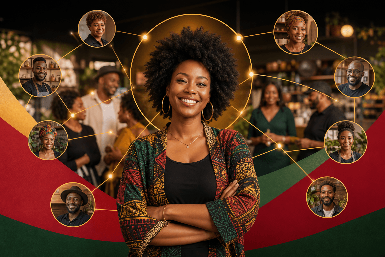Black business owners exchanging referral cards and shaking hands in a professional network meeting