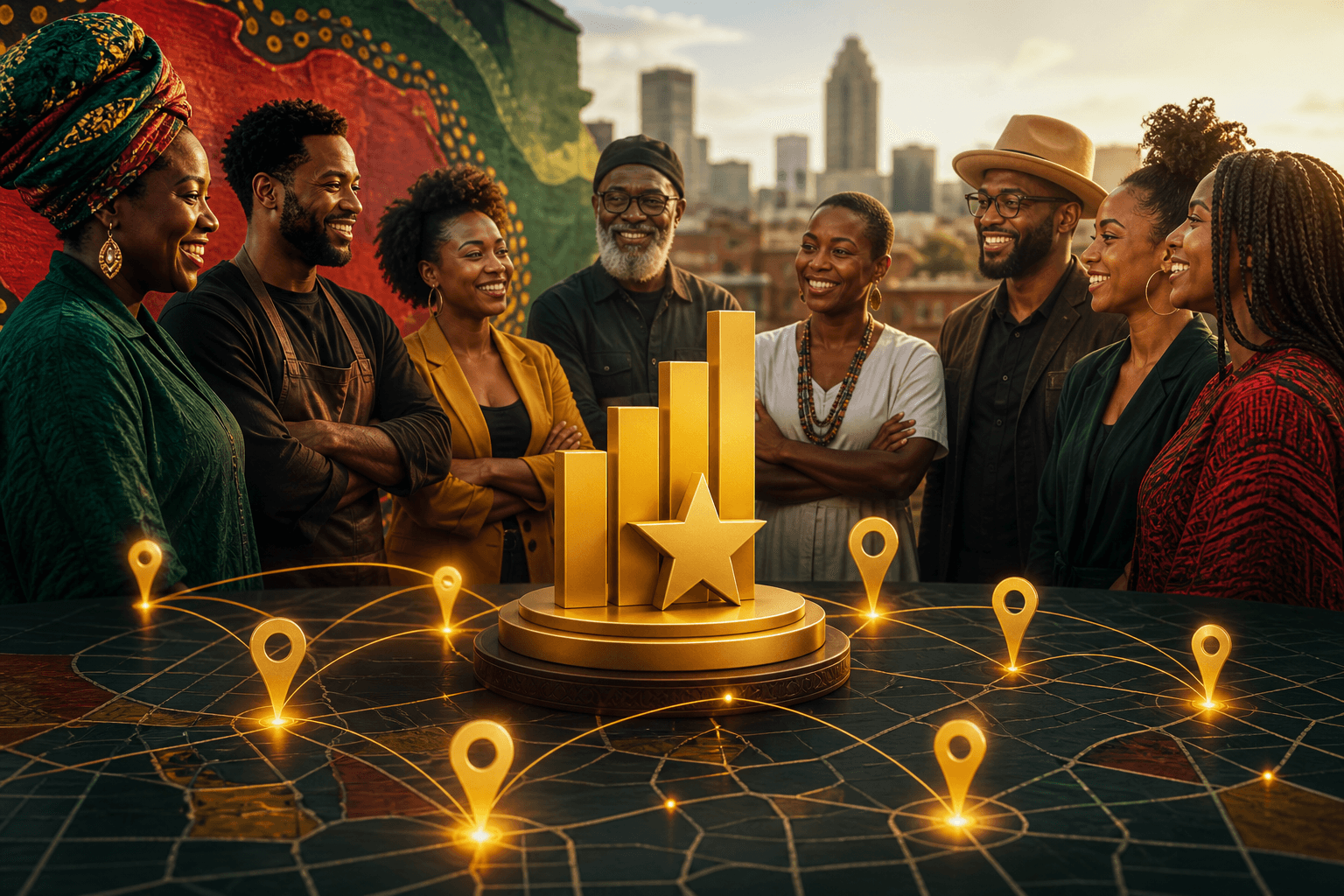 Community leaderboard ranking dashboard displaying top-rated Black-owned businesses with star ratings and location filters