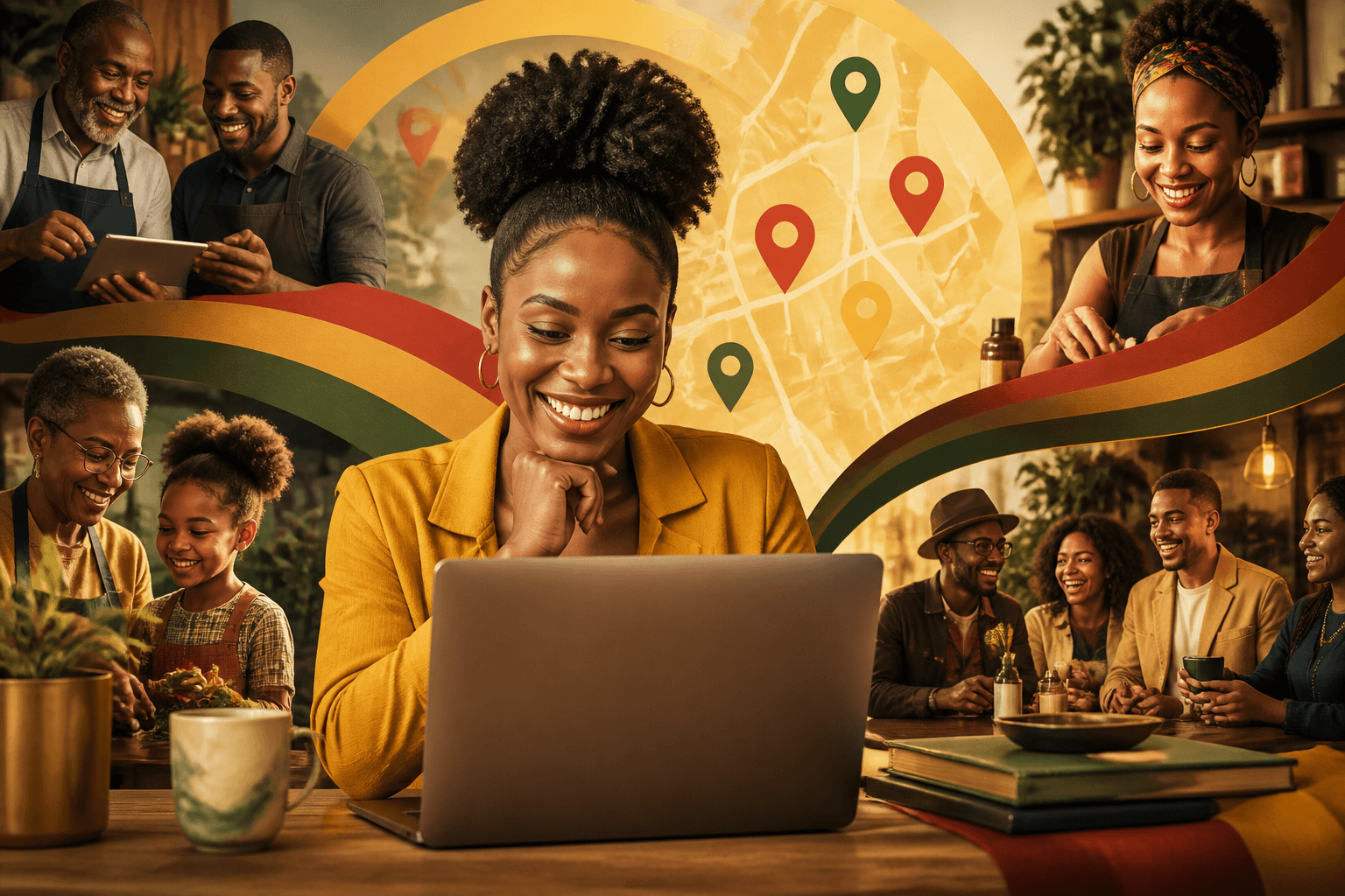 Black entrepreneur using laptop to search local business directory on mobile phone