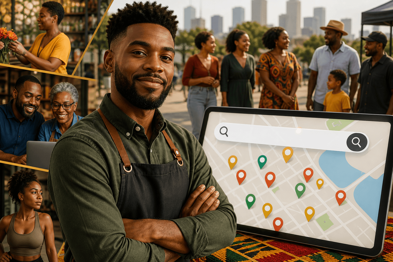 Black business owners browsing a dedicated local directory on laptop and mobile phone