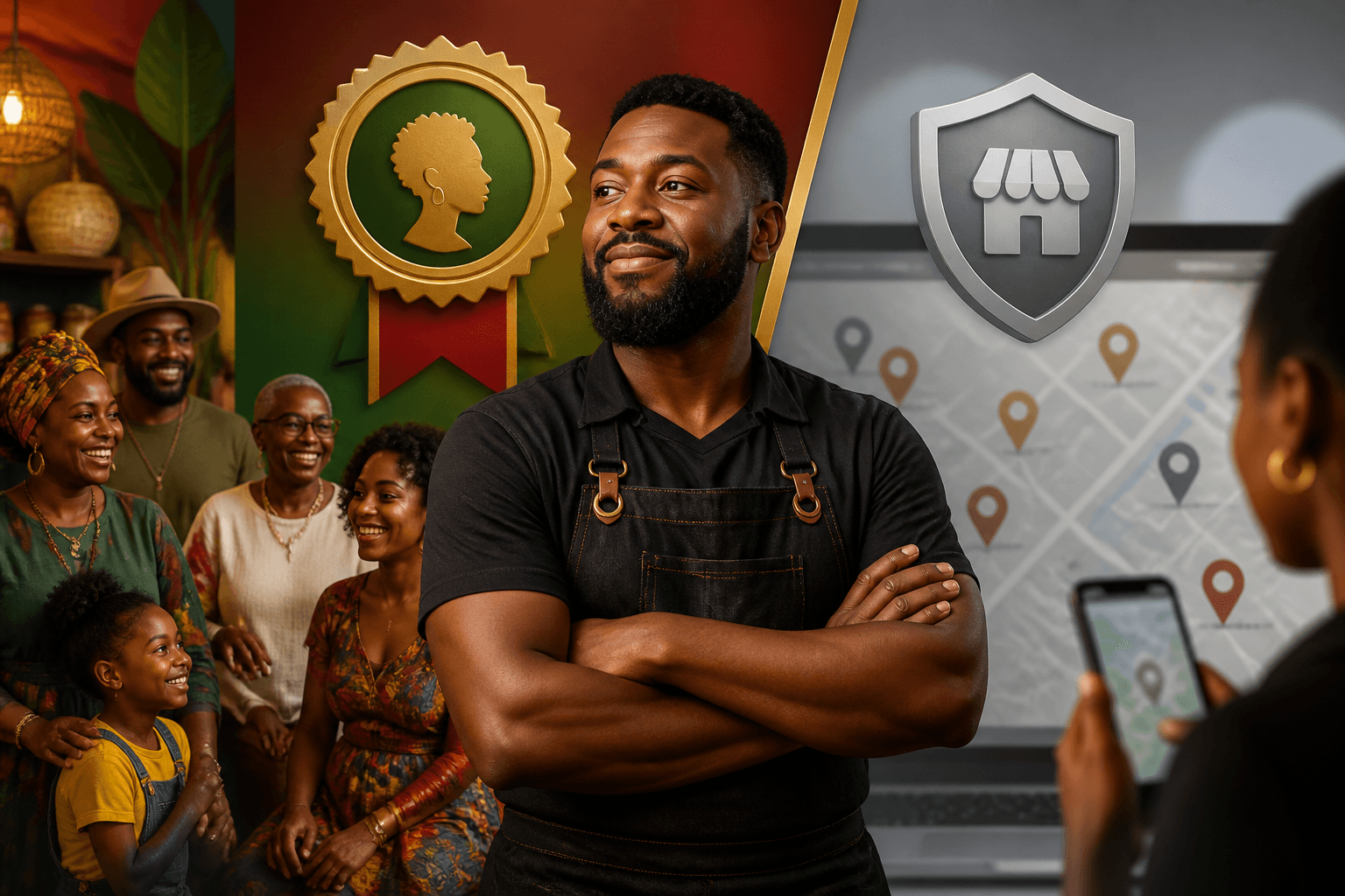 Verified Black-owned business badge displayed next to a Google Business Profile comparison chart