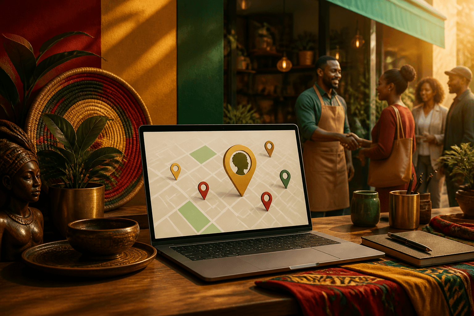 Black business owner updating online profile on laptop at desk with growth chart visible