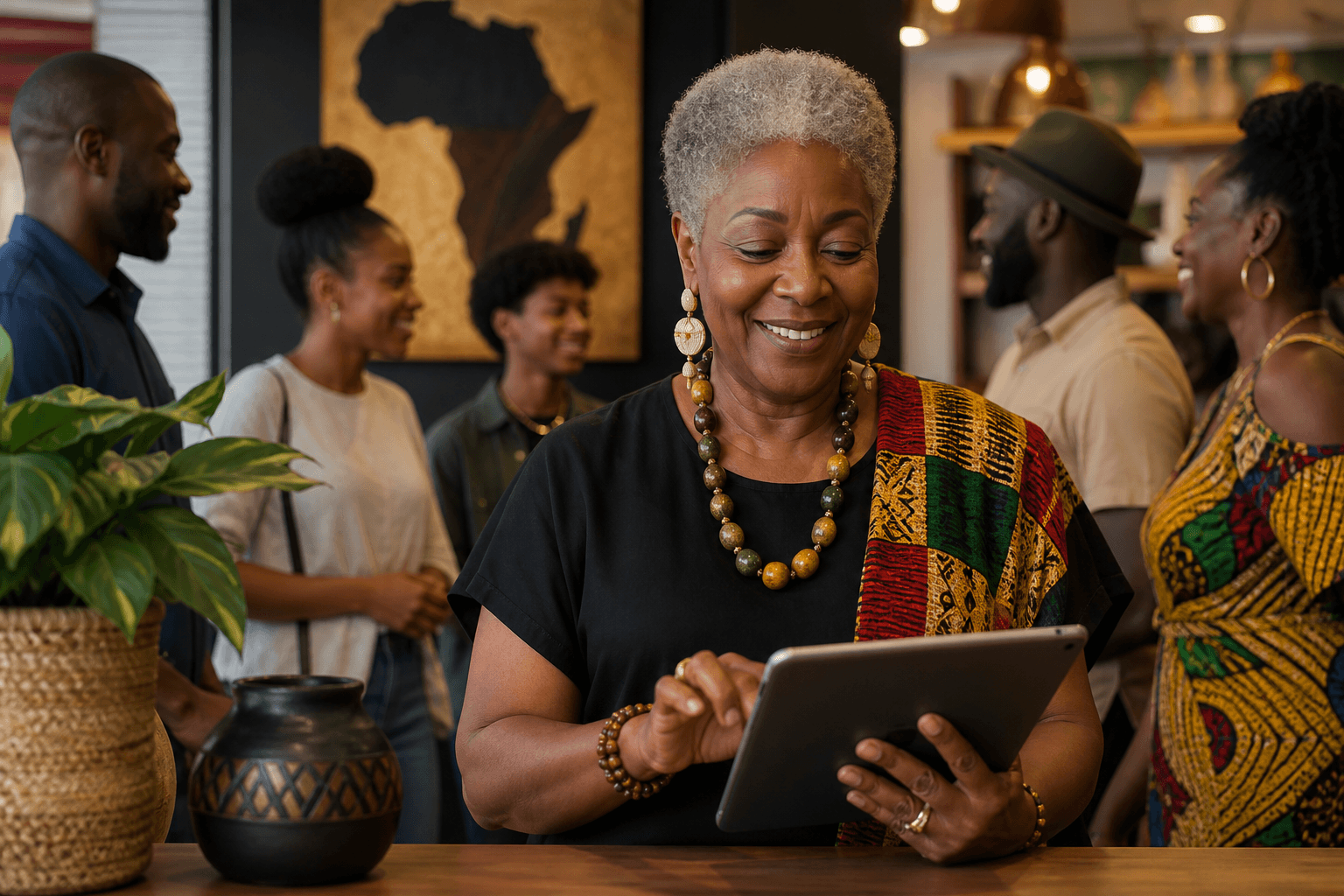 Black business owner reading customer review on laptop screen with satisfied expression