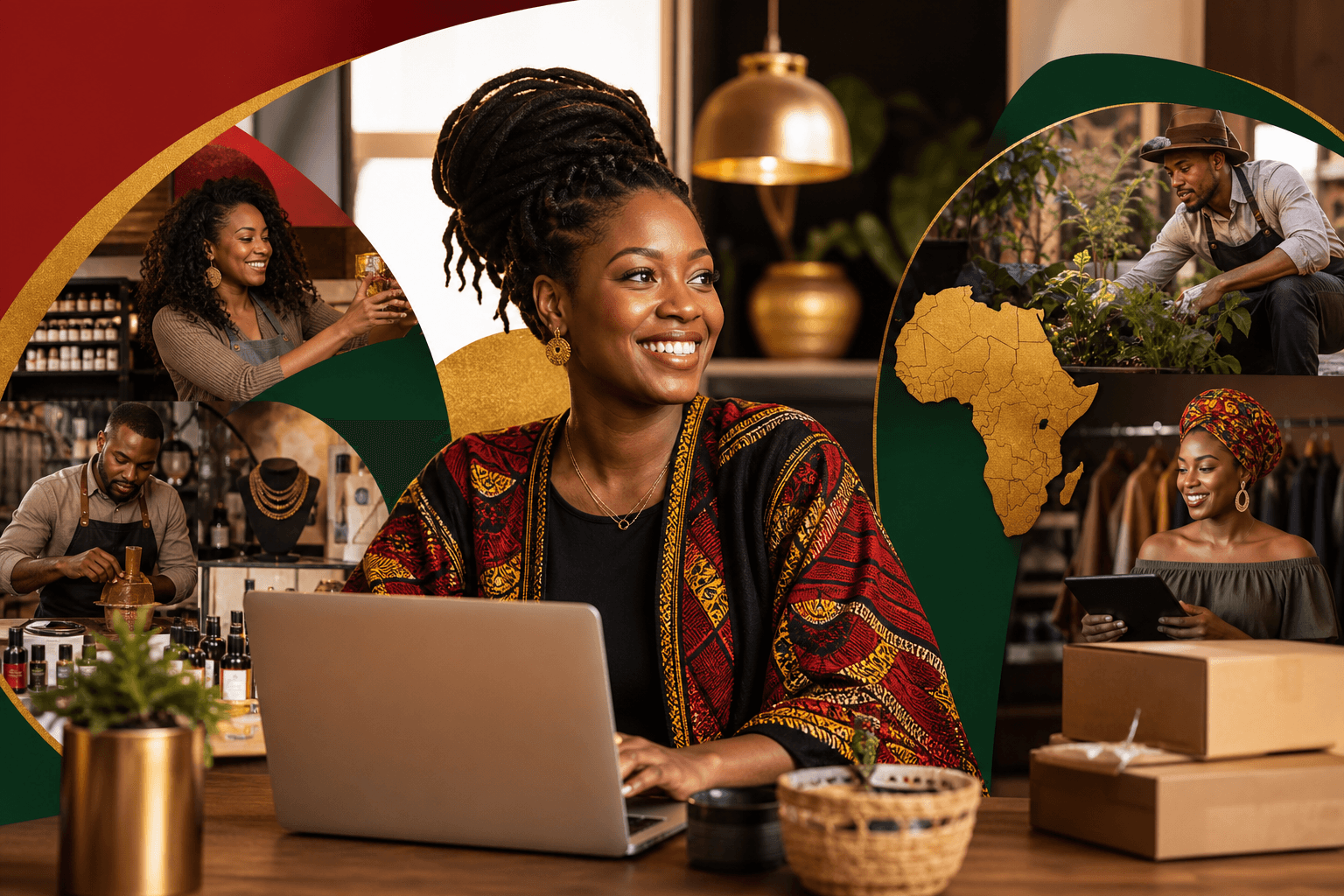 Black entrepreneur working on laptop with growth charts and community network icons displayed