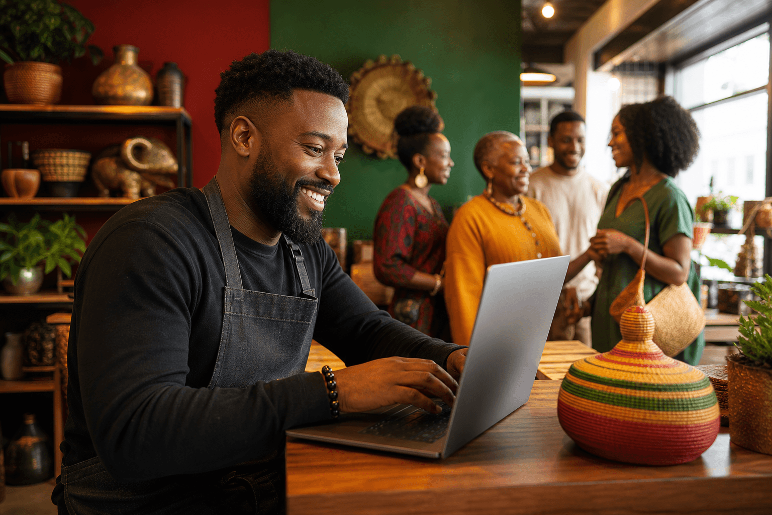 Business owner reviewing claimed listing dashboard on laptop with growth chart and 30-day timeline visible