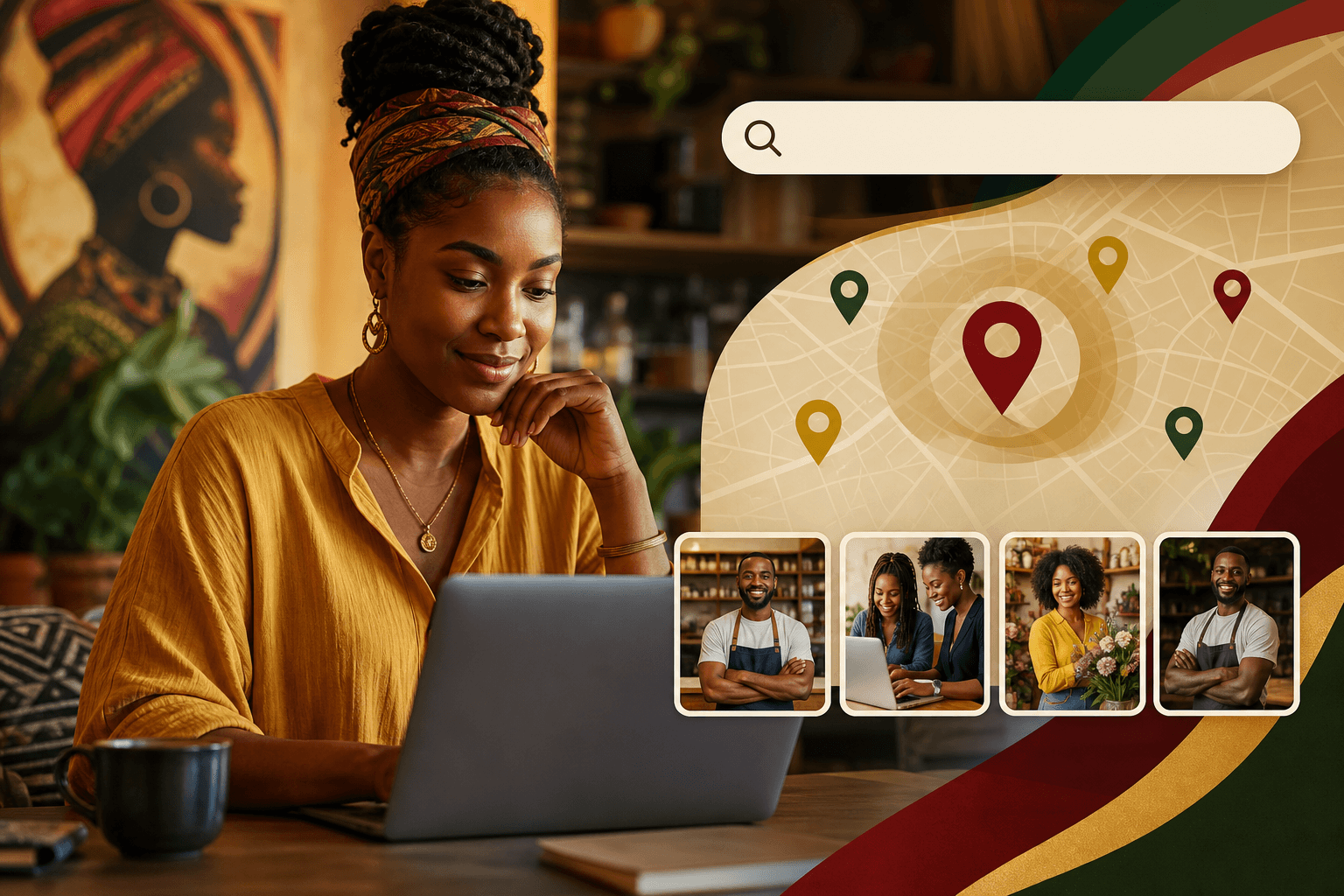 Woman using laptop to search local business directory with verified Black-owned business listings displayed
