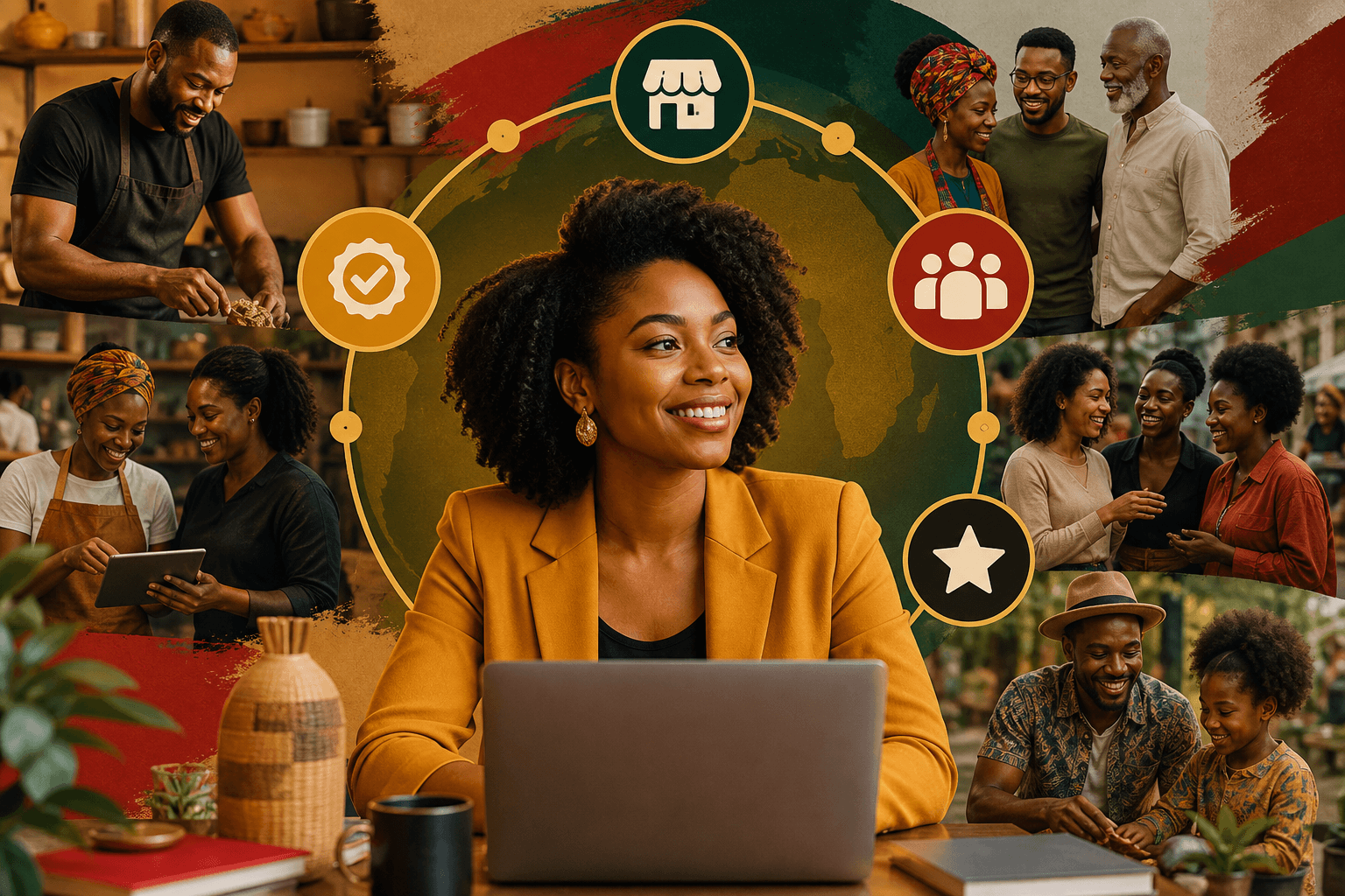 Four connected circles showing listing, verified badge, community feed, and member reviews icons representing Black business growth system