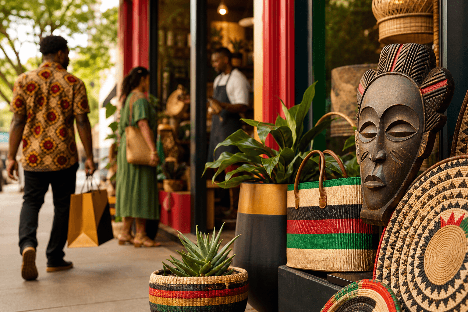Diverse hands holding shopping bags with Black-owned business logos and local storefront illustrations