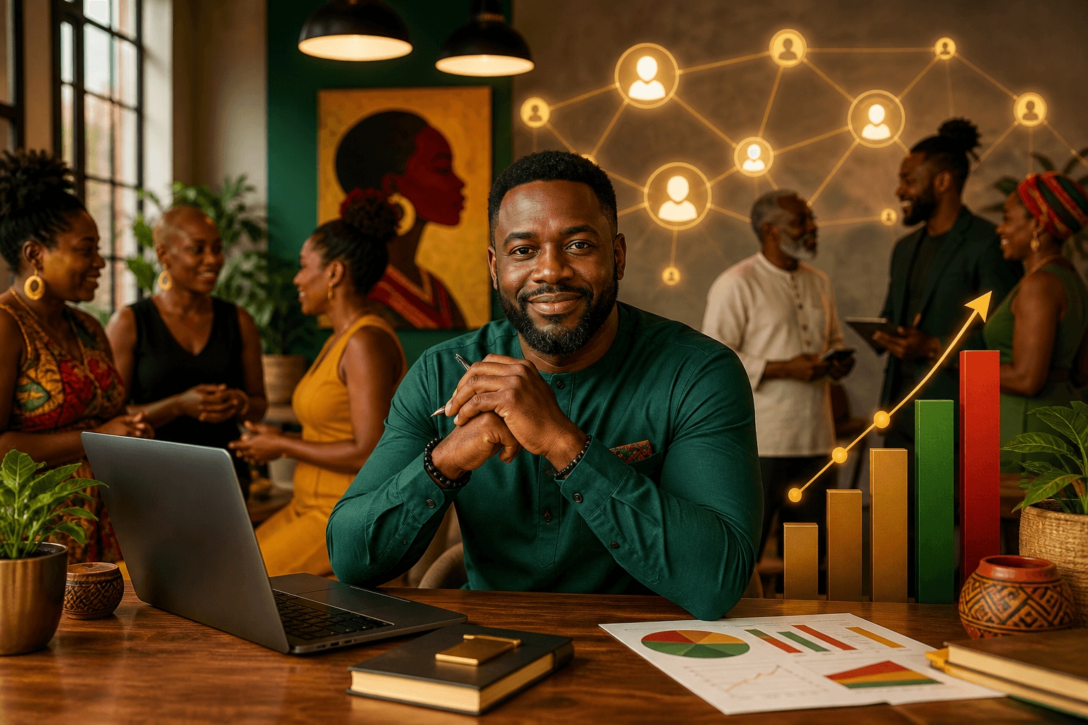 Black business owner reviewing quarterly revenue targets with referral network and analytics dashboard on laptop