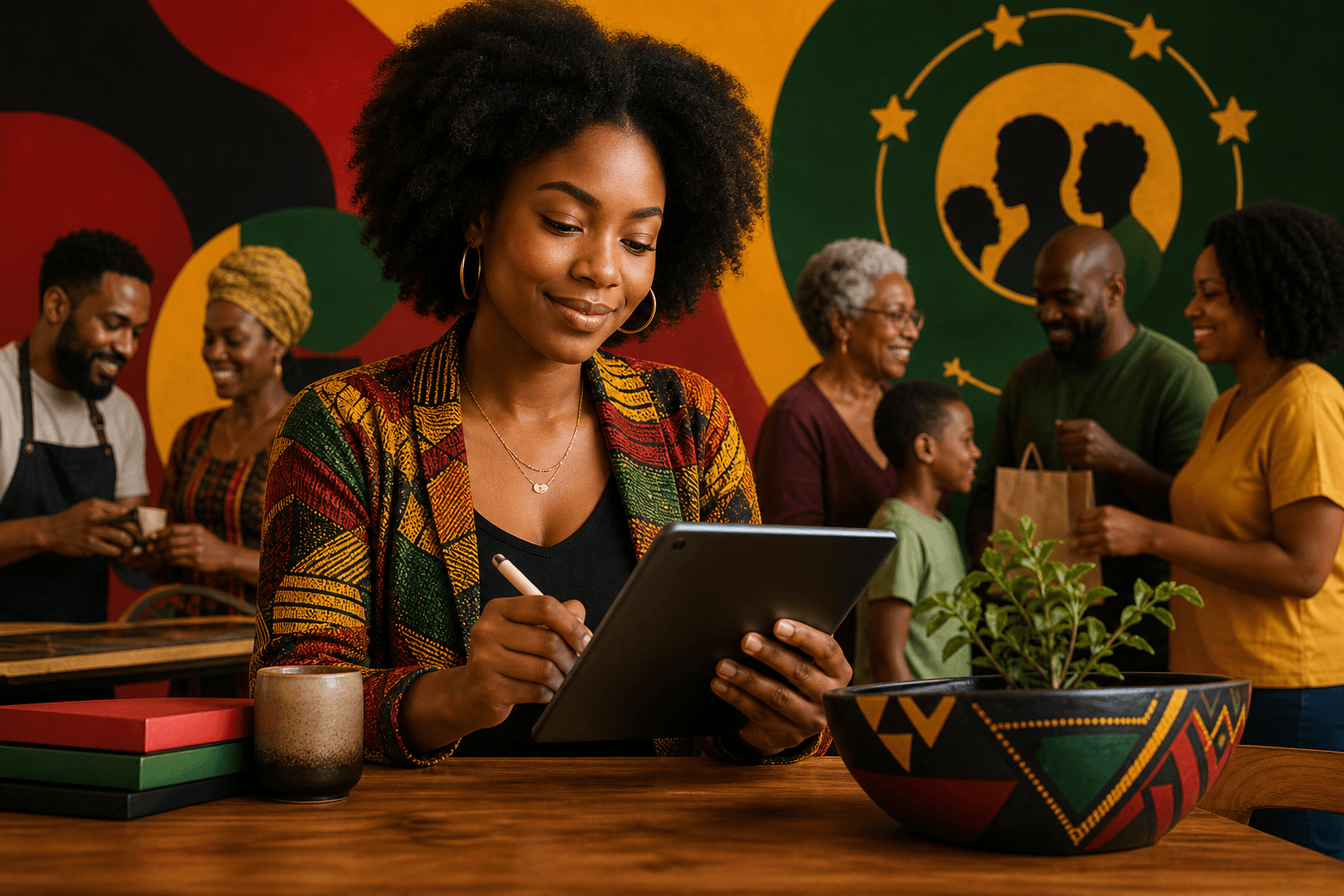 Diverse shoppers reviewing verified Black-owned businesses on a community directory platform with star ratings and customer testimonials