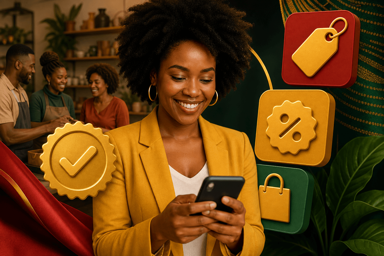 Black entrepreneur reviewing stacked deals and promotions on verified business directory dashboard