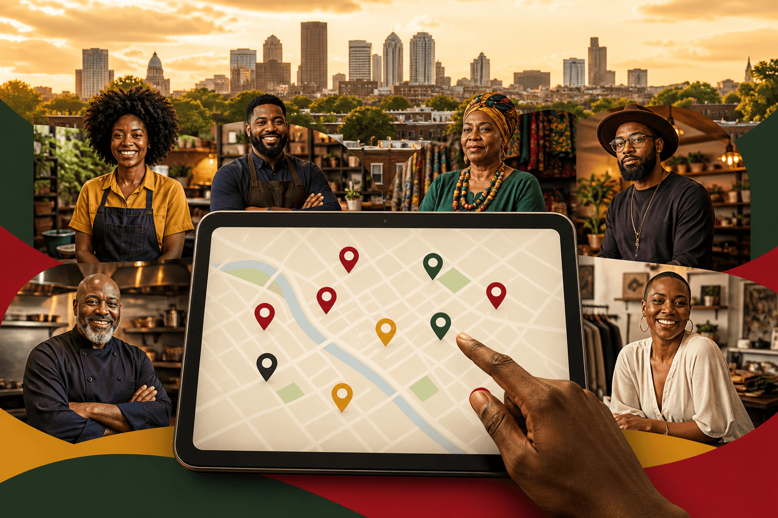 Person holding smartphone displaying searchable directory map of Black-owned businesses in their city