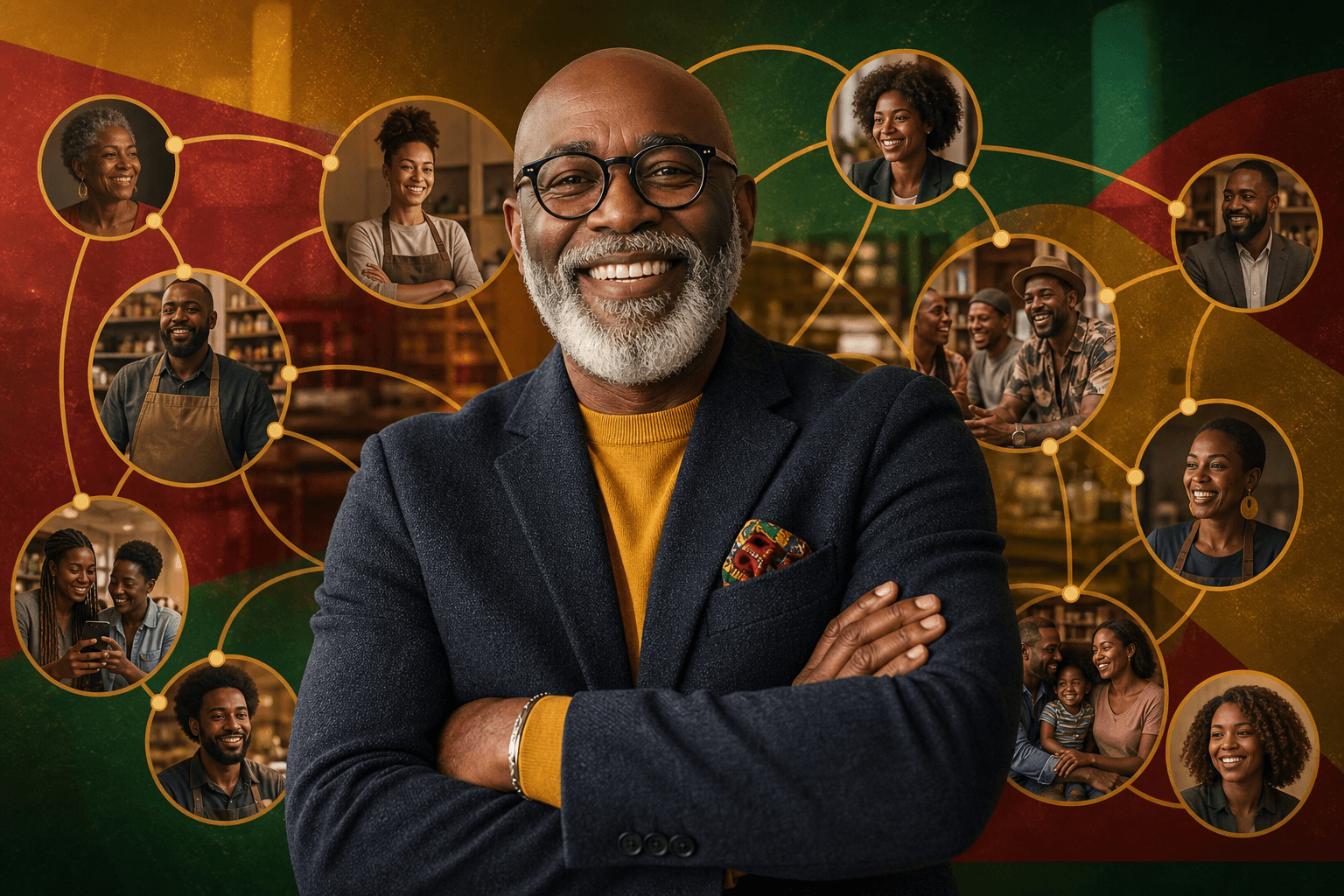 Black entrepreneur reviewing business listings on laptop with referral network diagram overlay