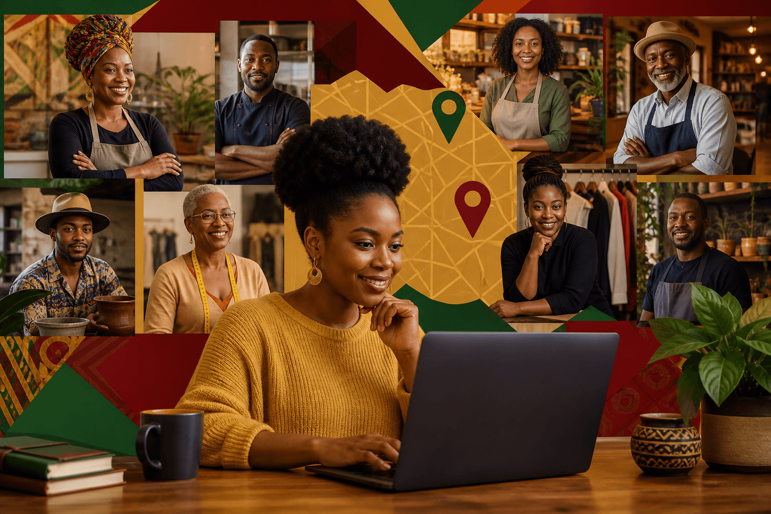 Diverse shoppers browsing smartphones and laptops while shopping at local Black-owned businesses in a vibrant neighborhood