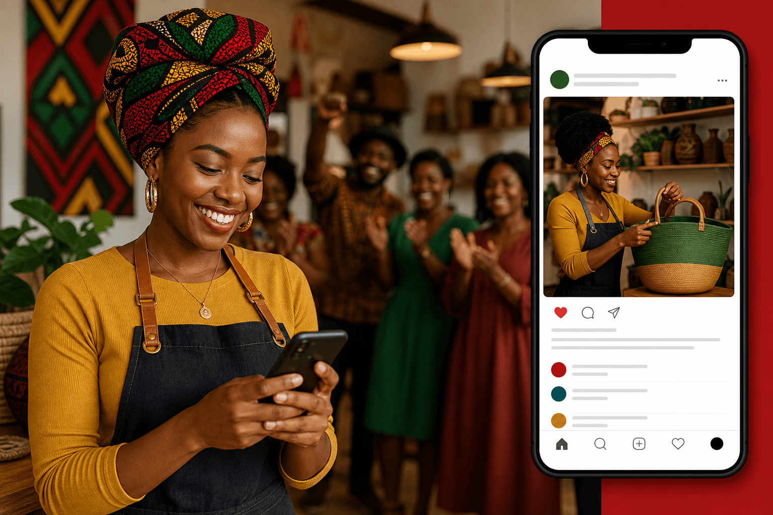 Black entrepreneur smiling while posting announcement on smartphone with community feed interface visible