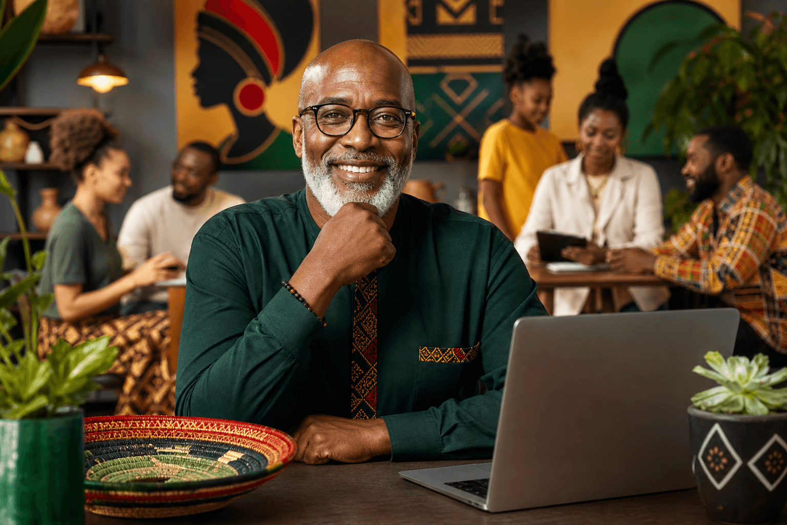 Black business owner updating company profile on laptop, viewing local directory listing optimization dashboard