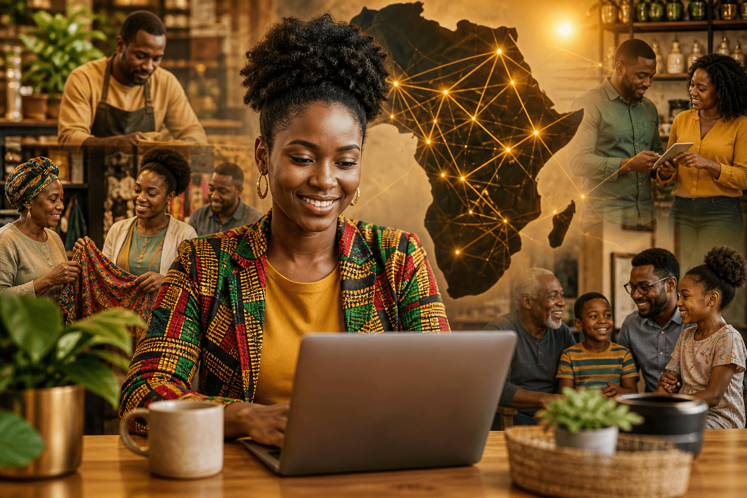 Woman reviewing Black-owned business directory on laptop with notebook and coffee