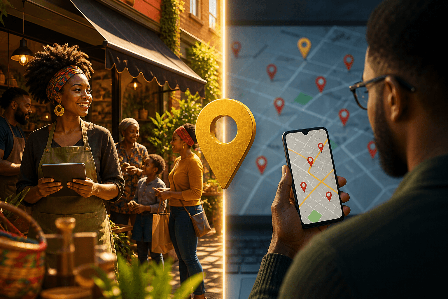 Smartphone screen split showing a Black-owned business directory interface on left, Google Maps on right