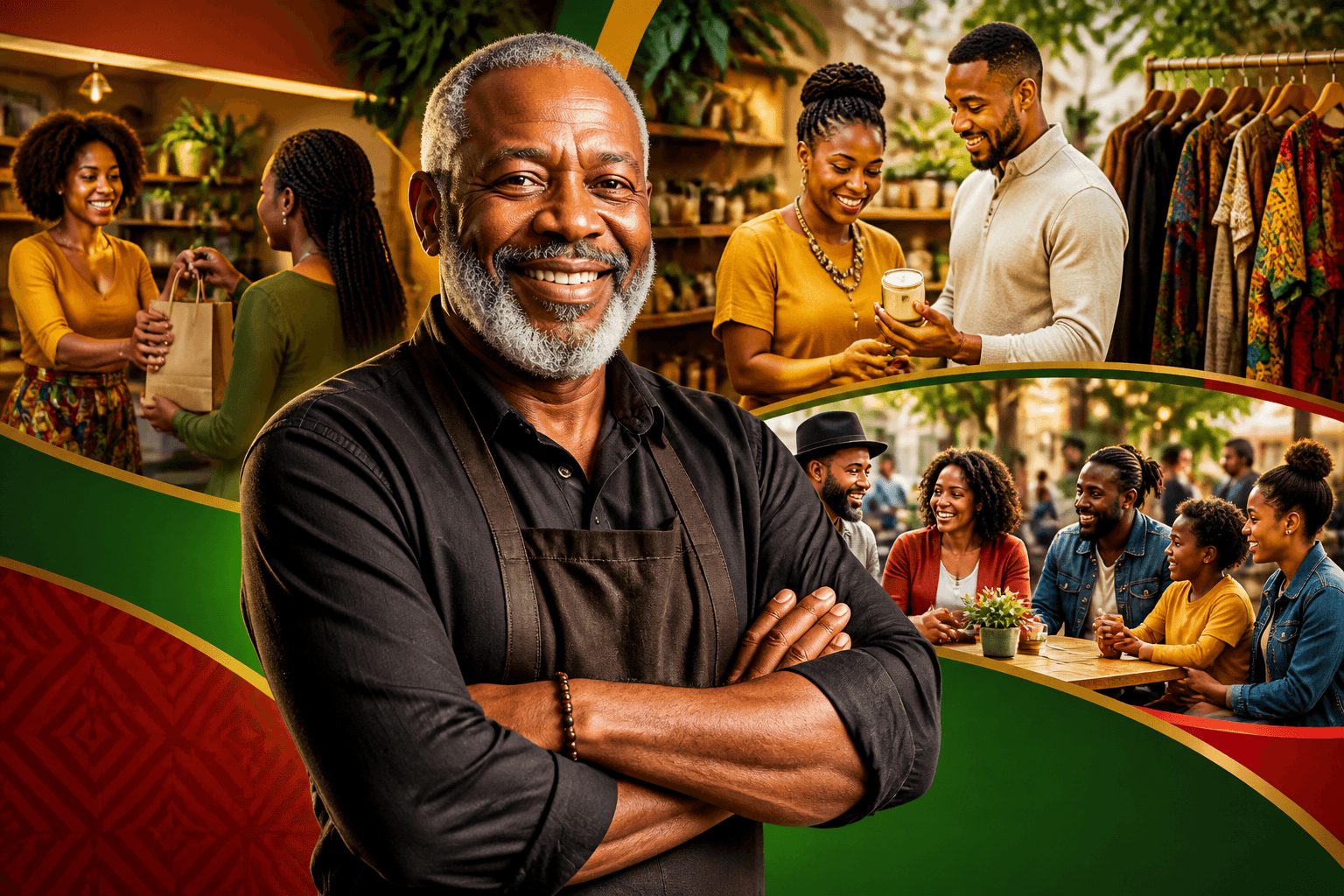 Black business owner engaging with customer at storefront, exchanging loyalty card or discussing promotional offer