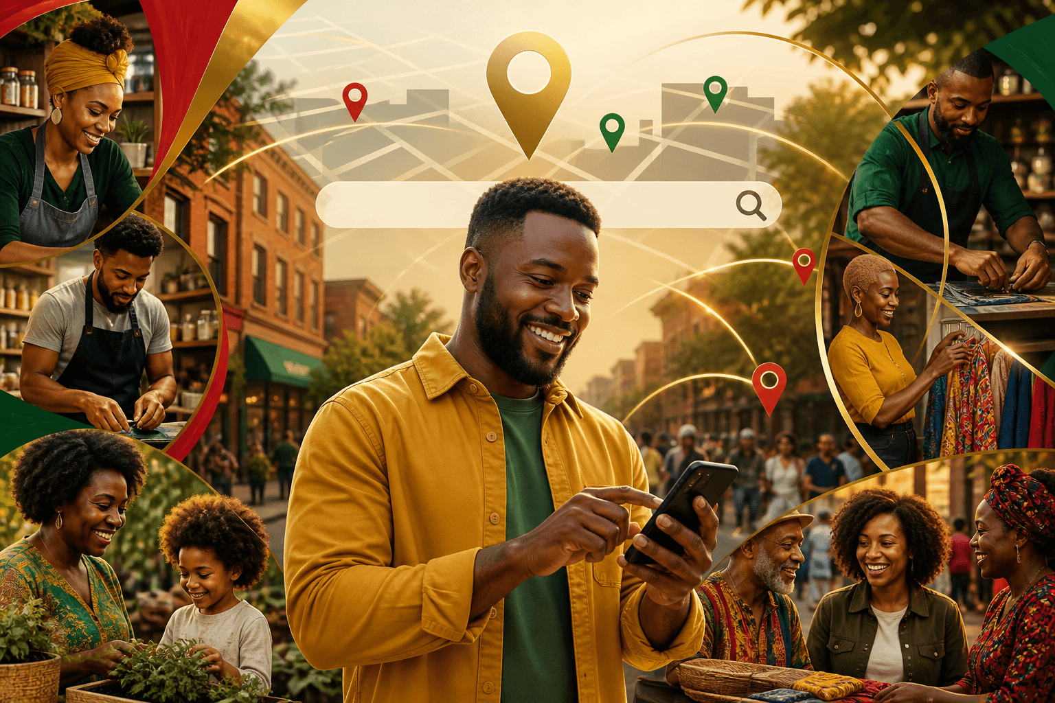 Black entrepreneur using mobile phone to search local business directory on smartphone