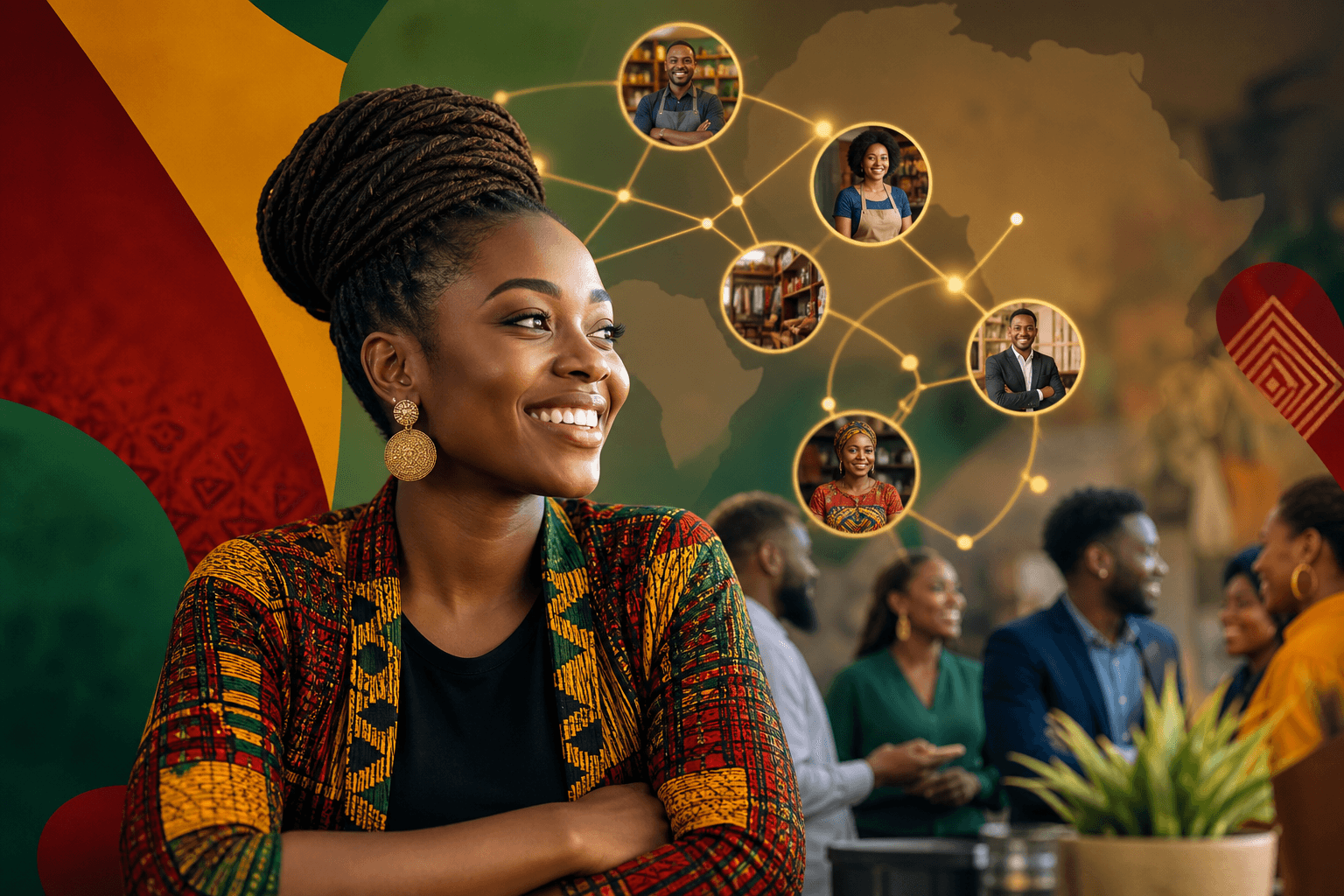Two entrepreneurs reviewing referral network diagram with community directory connection points and Black-owned business logos