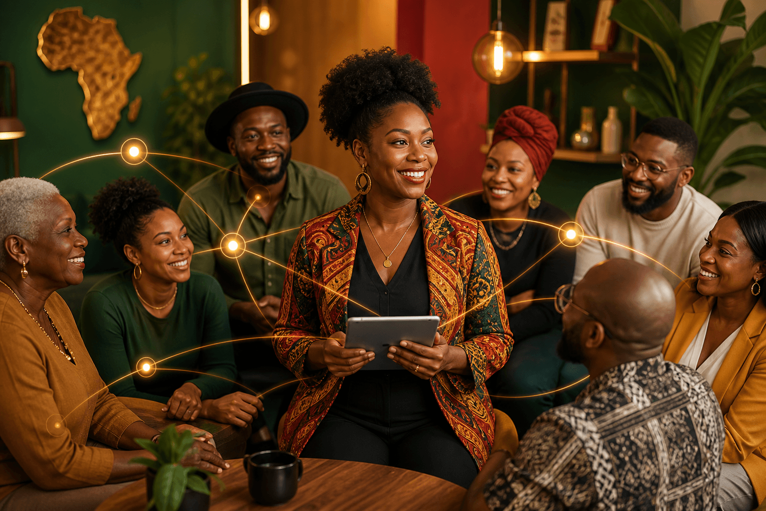 Black business owners in a circle sharing ideas and referral networks, with growth chart and dollar signs symbolizing revenue generation