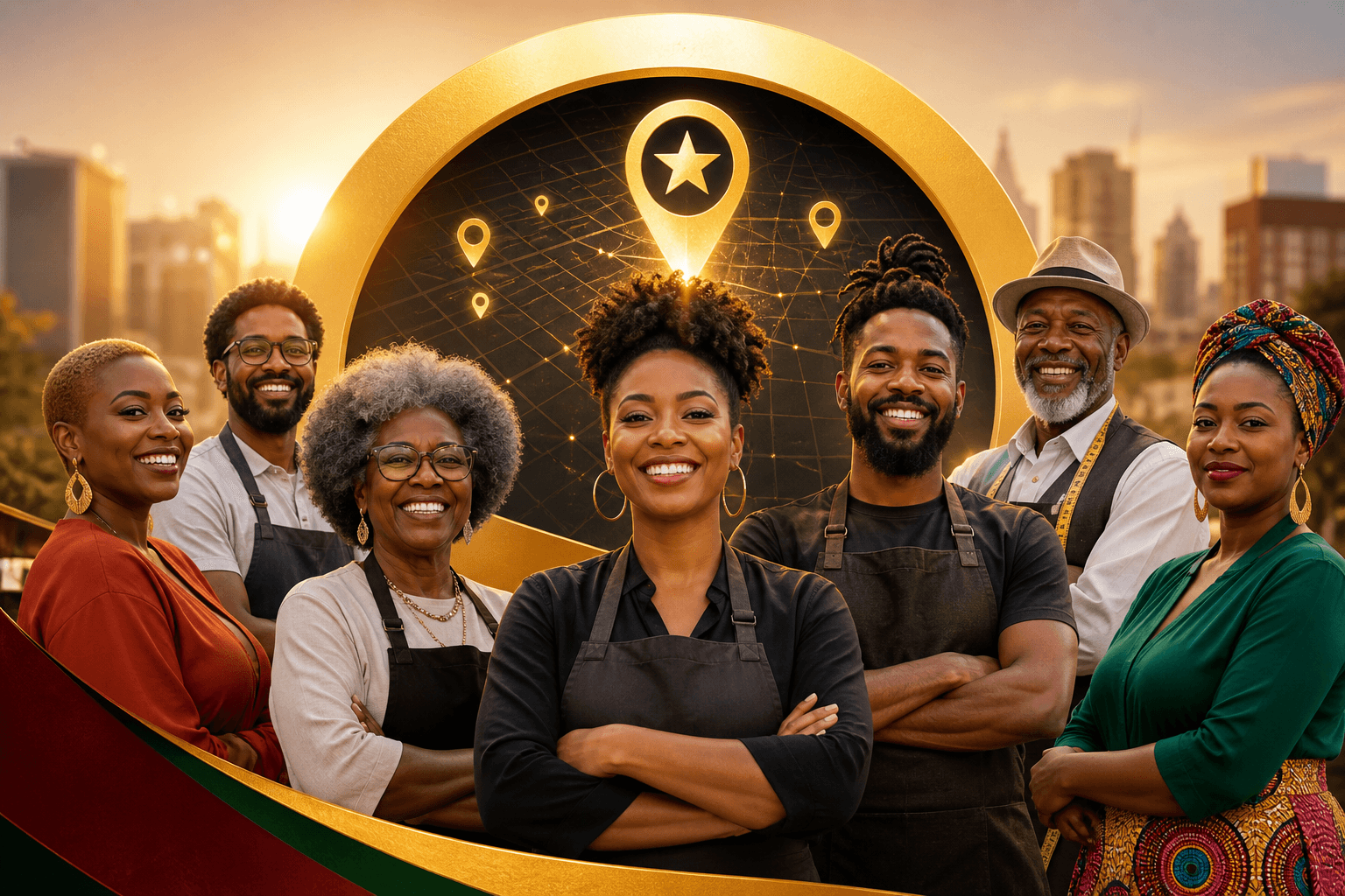 Black-owned business leaderboard displayed on laptop screen with city map and trust rating badges