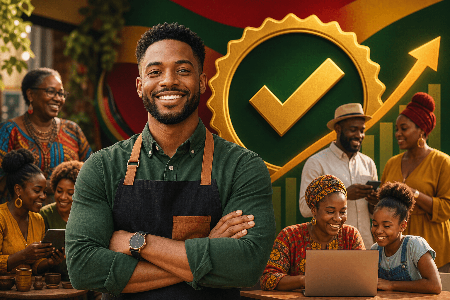 Verified Black-owned business badge displayed on a website with search rankings and trust metrics in background
