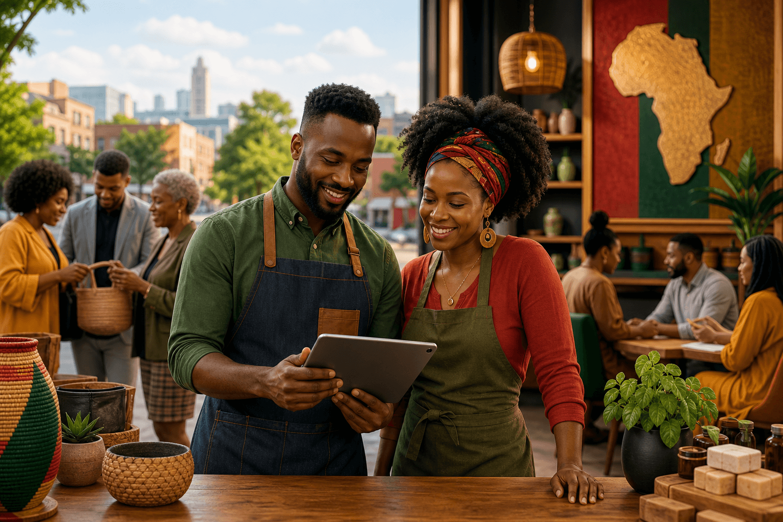 Diverse shoppers browsing verified Black-owned business listings on a digital directory interface
