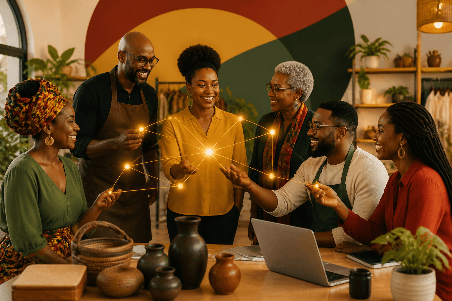 Black business owners in a circle sharing ideas and discussing partnership opportunities together