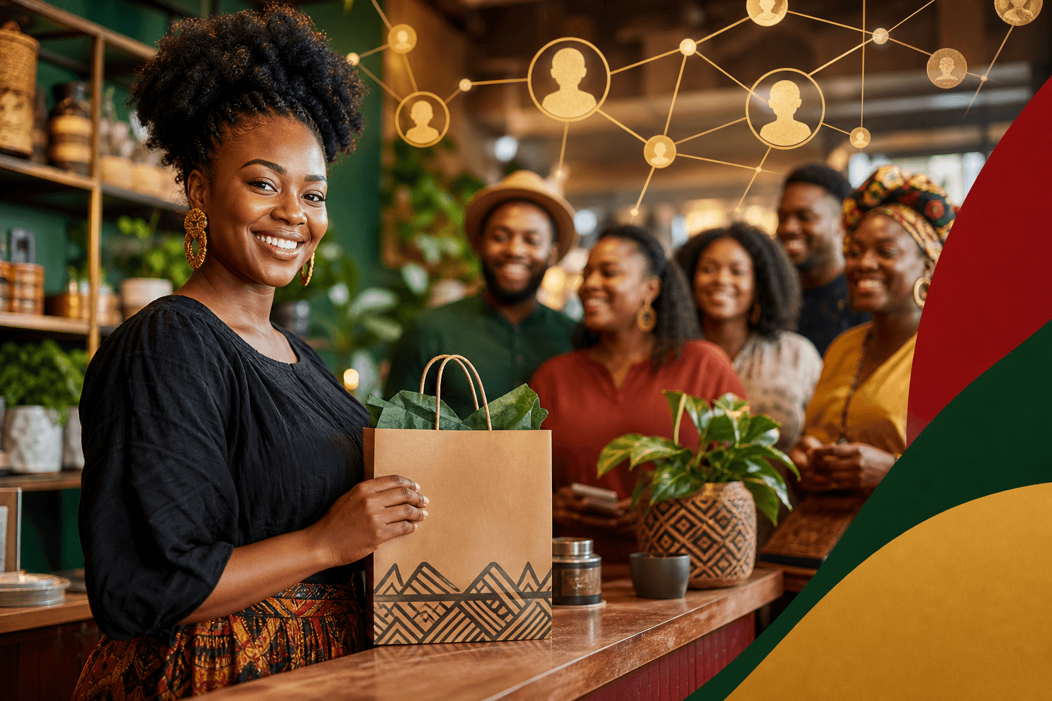 Black business owner engaging with customers through community feed on mobile device