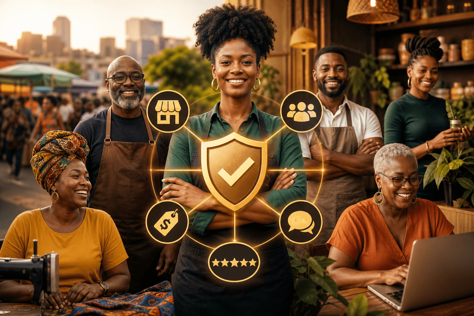 BLK Bizness platform interface showing verified badge, community feed, deals section, and member reviews dashboard