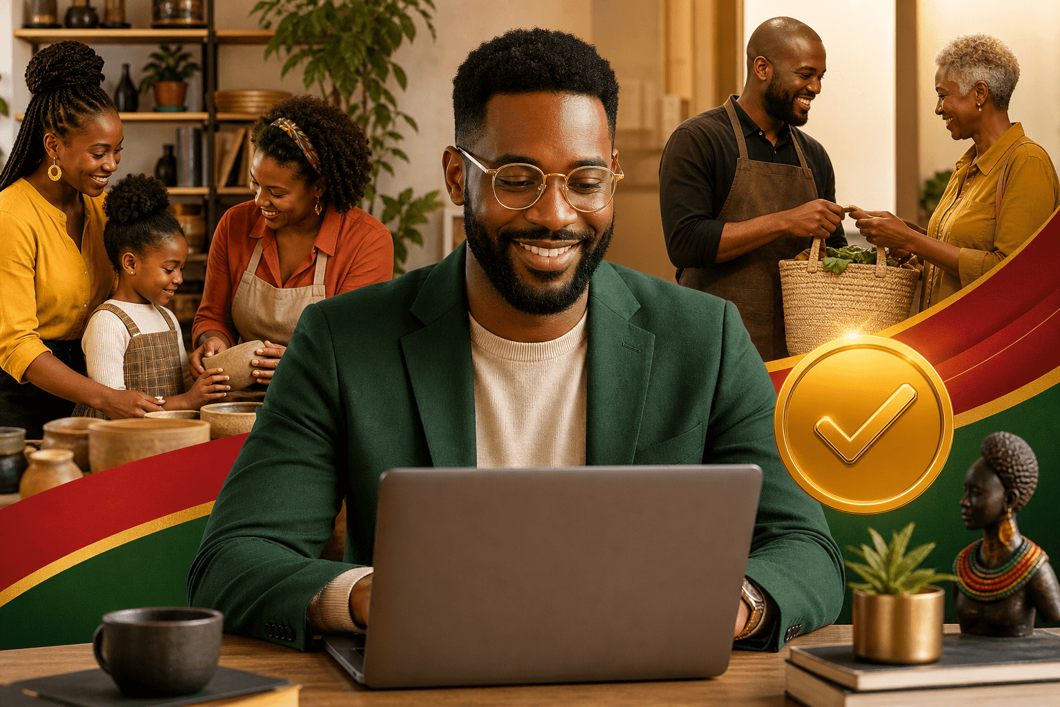 Verified badge icon next to Black-owned business storefront, symbolizing trust and authenticity in consumer purchasing decisions