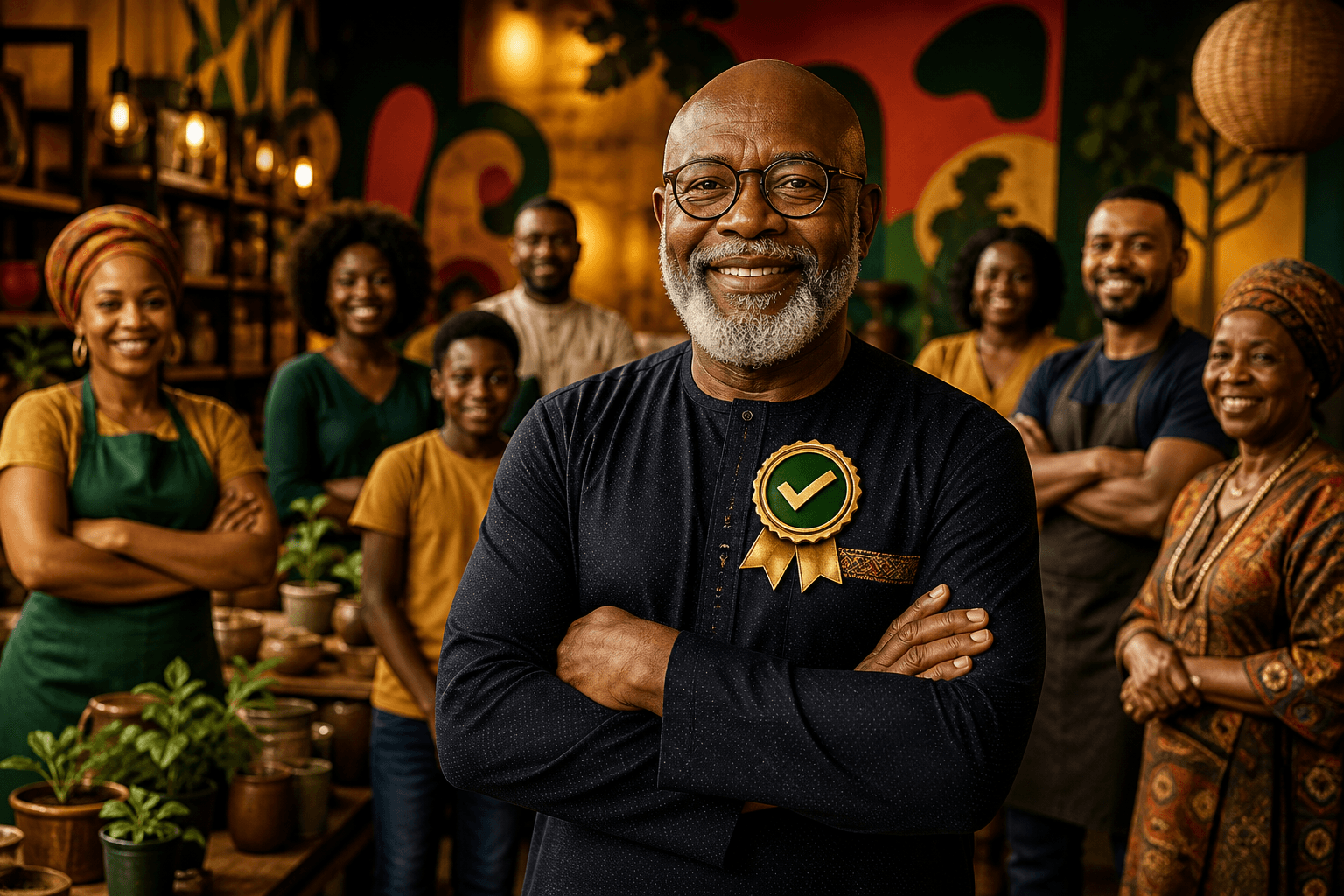 Verified badge icon with checkmark next to Black-owned business storefront, representing credibility and consumer trust