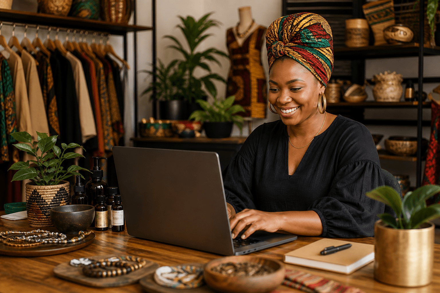 Black business owner at desk reviewing website analytics and SEO metrics on laptop screen