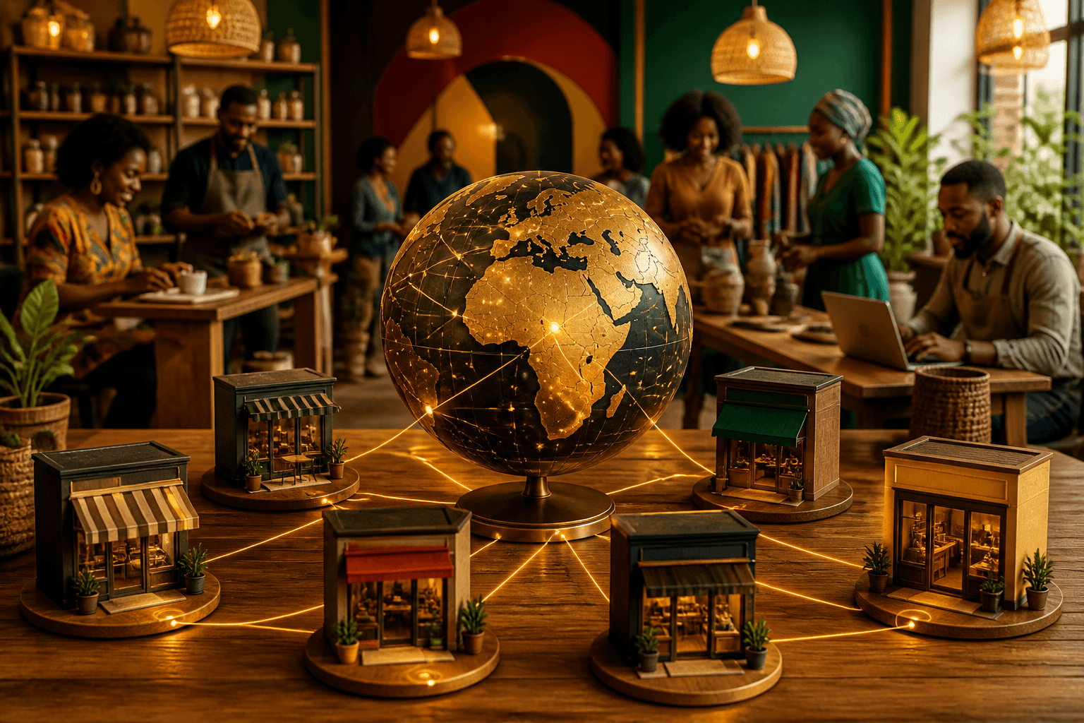 Two business owners shaking hands with network connection icons and dollar signs, representing referral and affiliate models