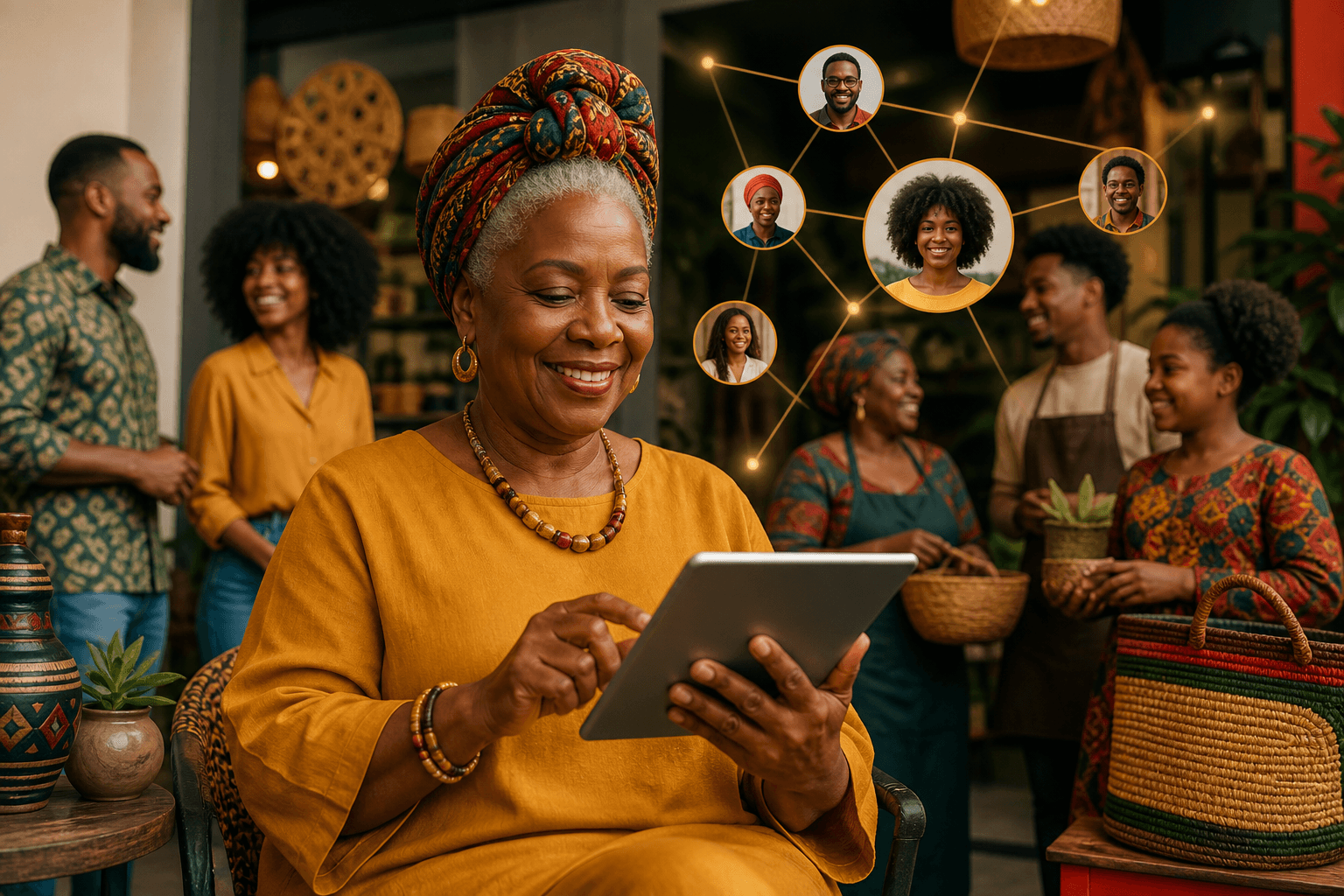 Black business owners networking and sharing referrals through a digital community platform dashboard