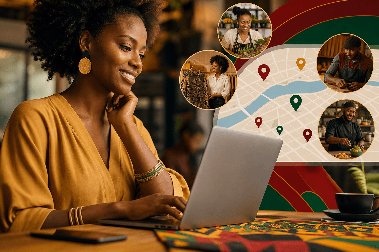 Smartphone showing searchable directory interface with Black-owned business listings filtered by category and city location