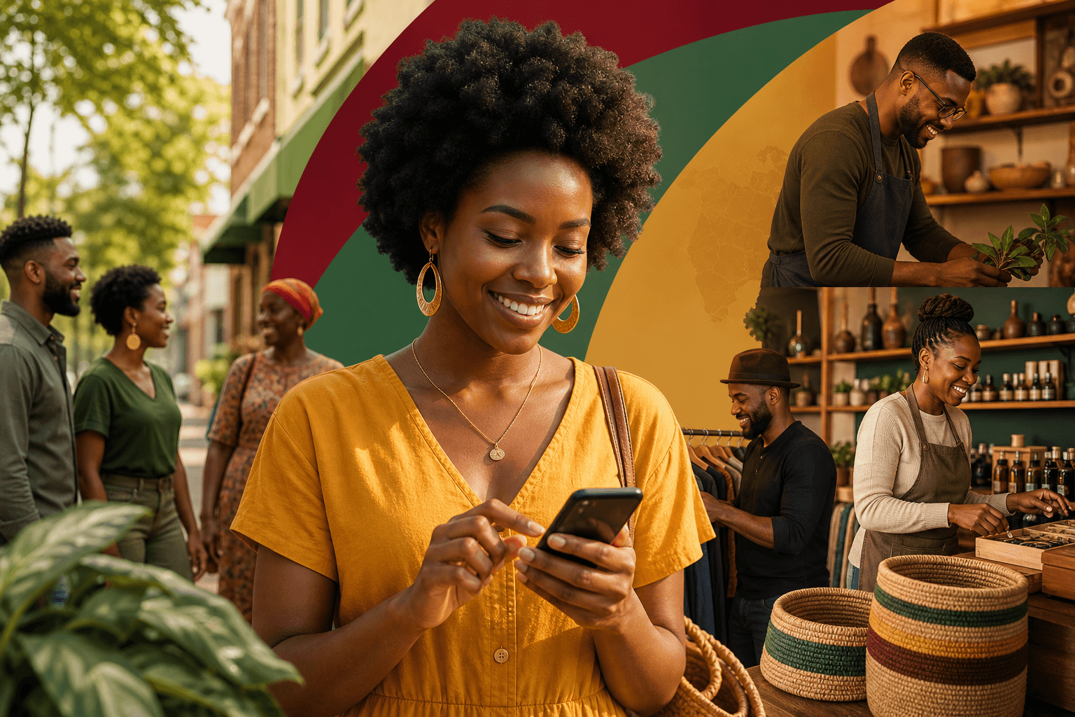 Diverse customers shopping at local Black-owned businesses in a vibrant community storefront