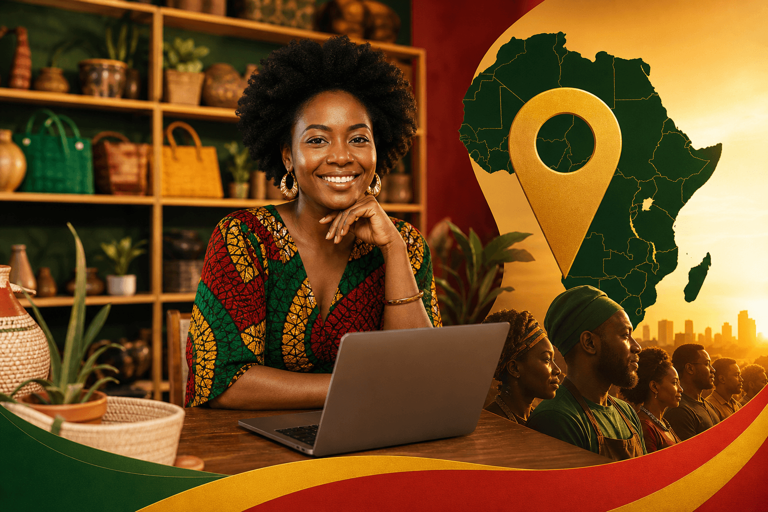Black business owner smiling at camera with storefront or laptop displaying local directory listing in background