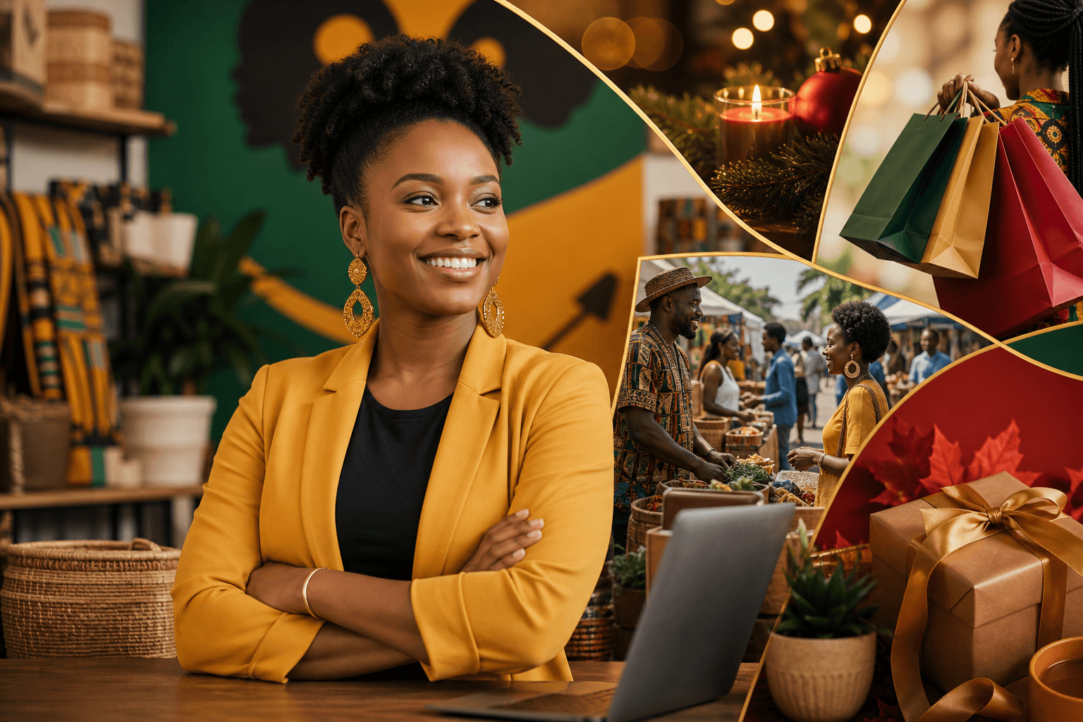 Calendar grid showing seasonal promotion dates with Black business owner planning marketing strategy on laptop