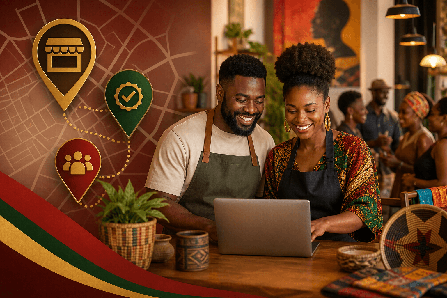 Checklist graphic showing local SEO elements: directory listing, verified badge, and customer reviews for Black-owned businesses