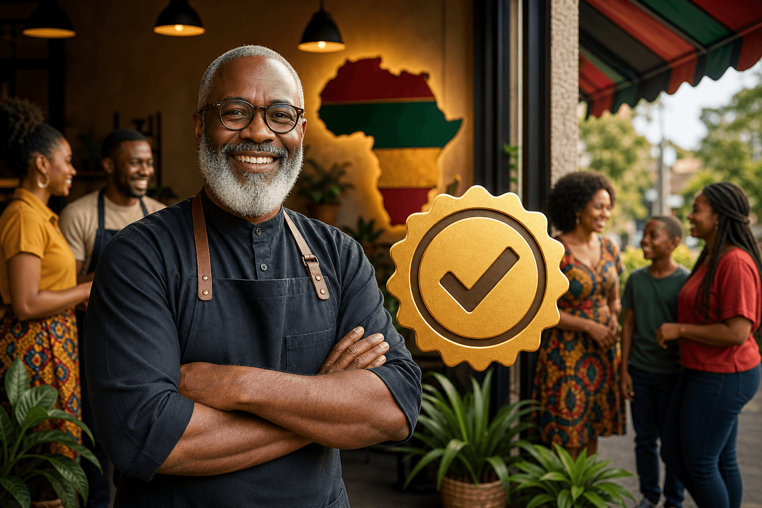 Black business owner holding verification badge certificate with checkmark symbol and digital lock icon