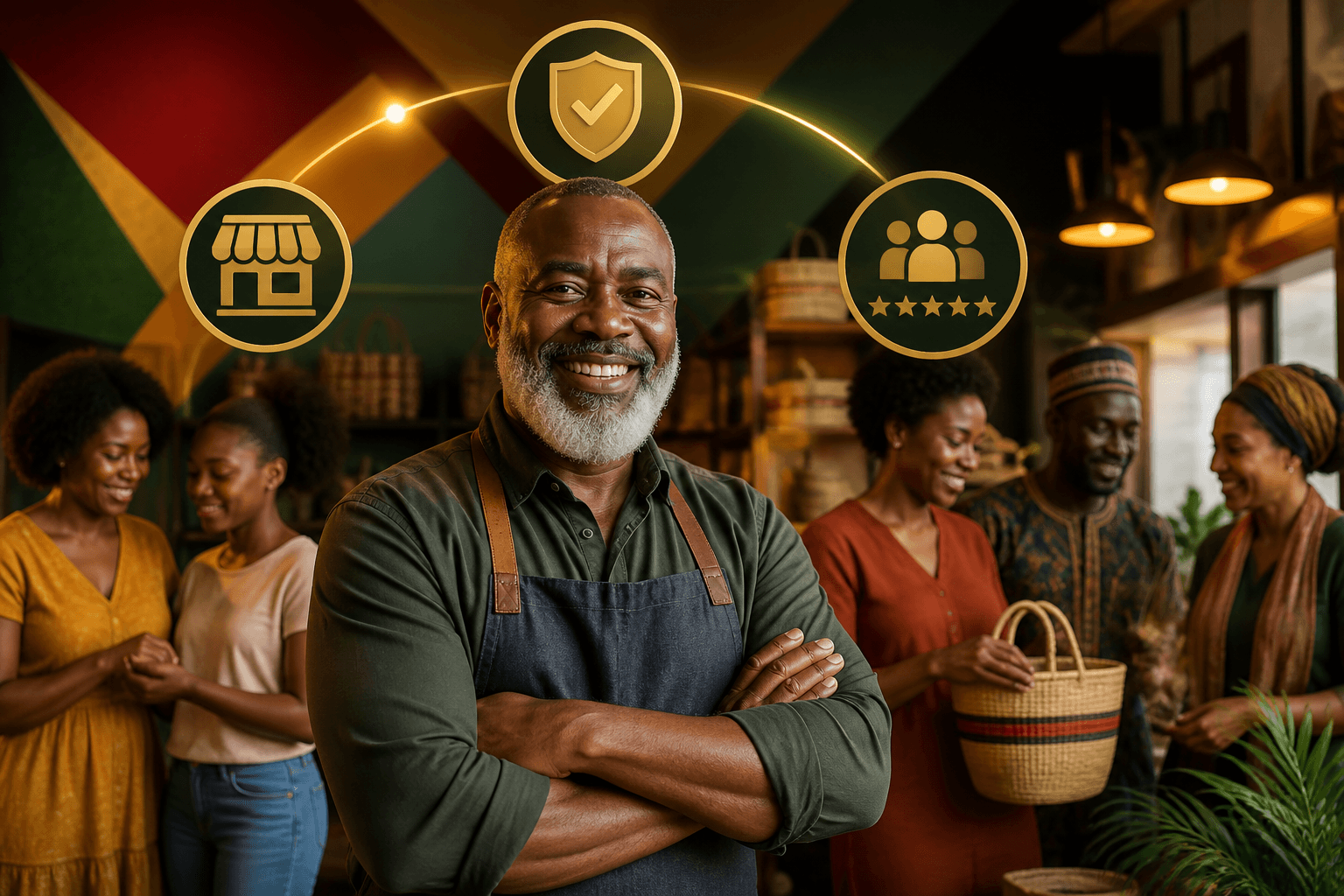Black-owned business profile showing verified badge, star ratings, and free listing features on mobile screen