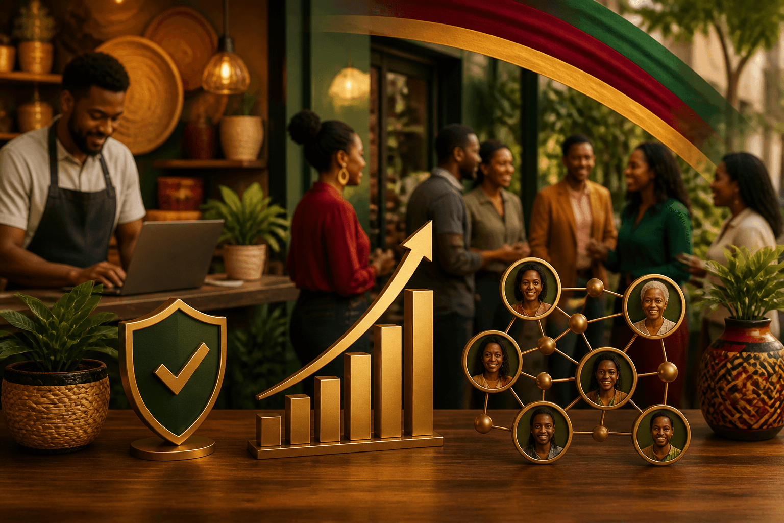 Dashboard showing verified badges, community feed notifications, and growth analytics metrics for Black-owned businesses
