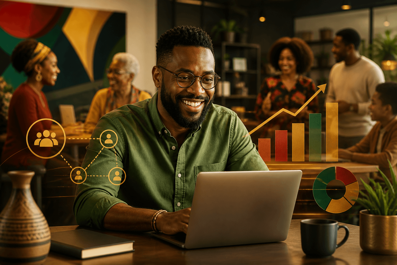 Black business owner analyzing promotional data and referral metrics on a laptop dashboard