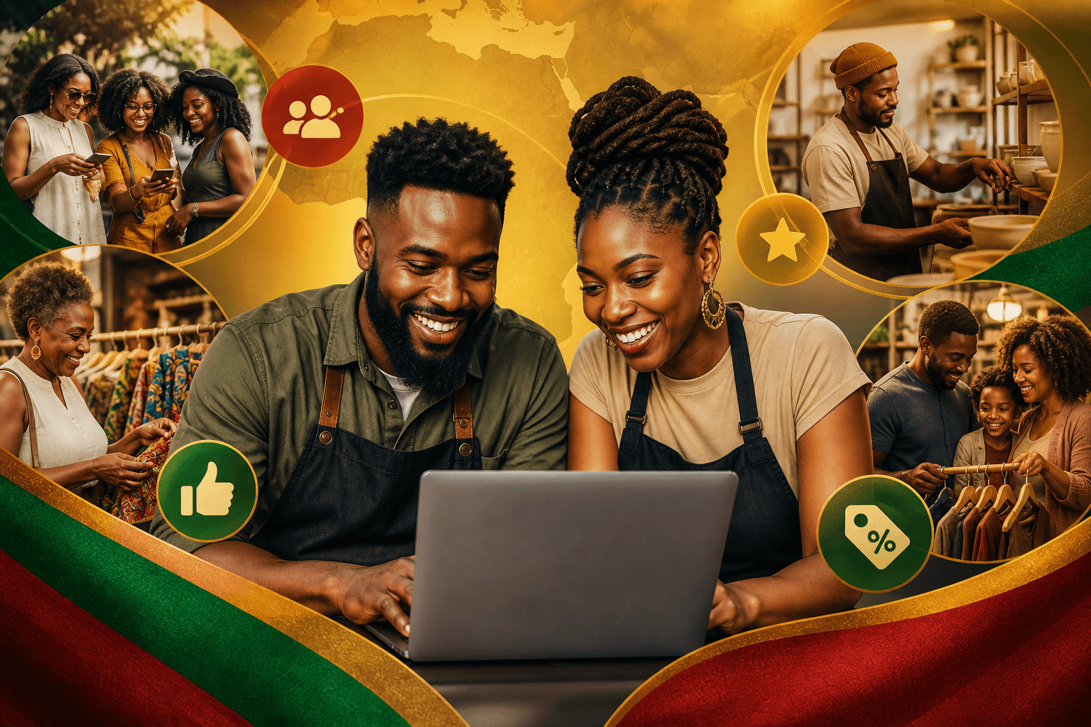 Customer journey diagram showing discovery through community posts, reviews, and deals leading to repeat purchases on Black business directory