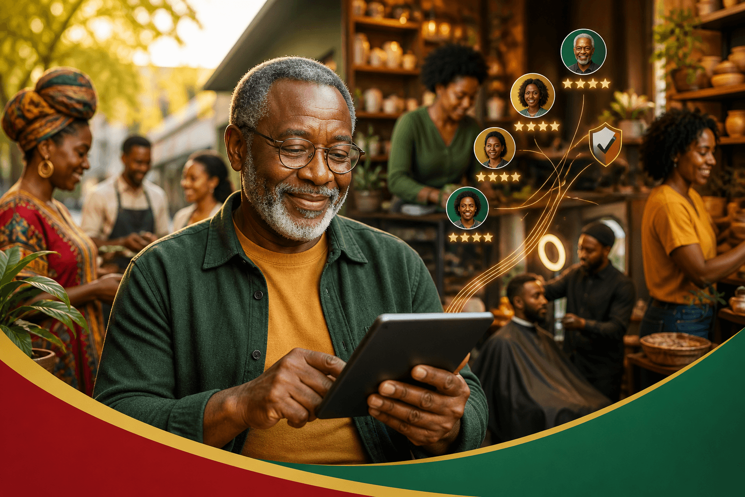 Community members reading and writing reviews on a Black-owned business directory platform on mobile and desktop devices