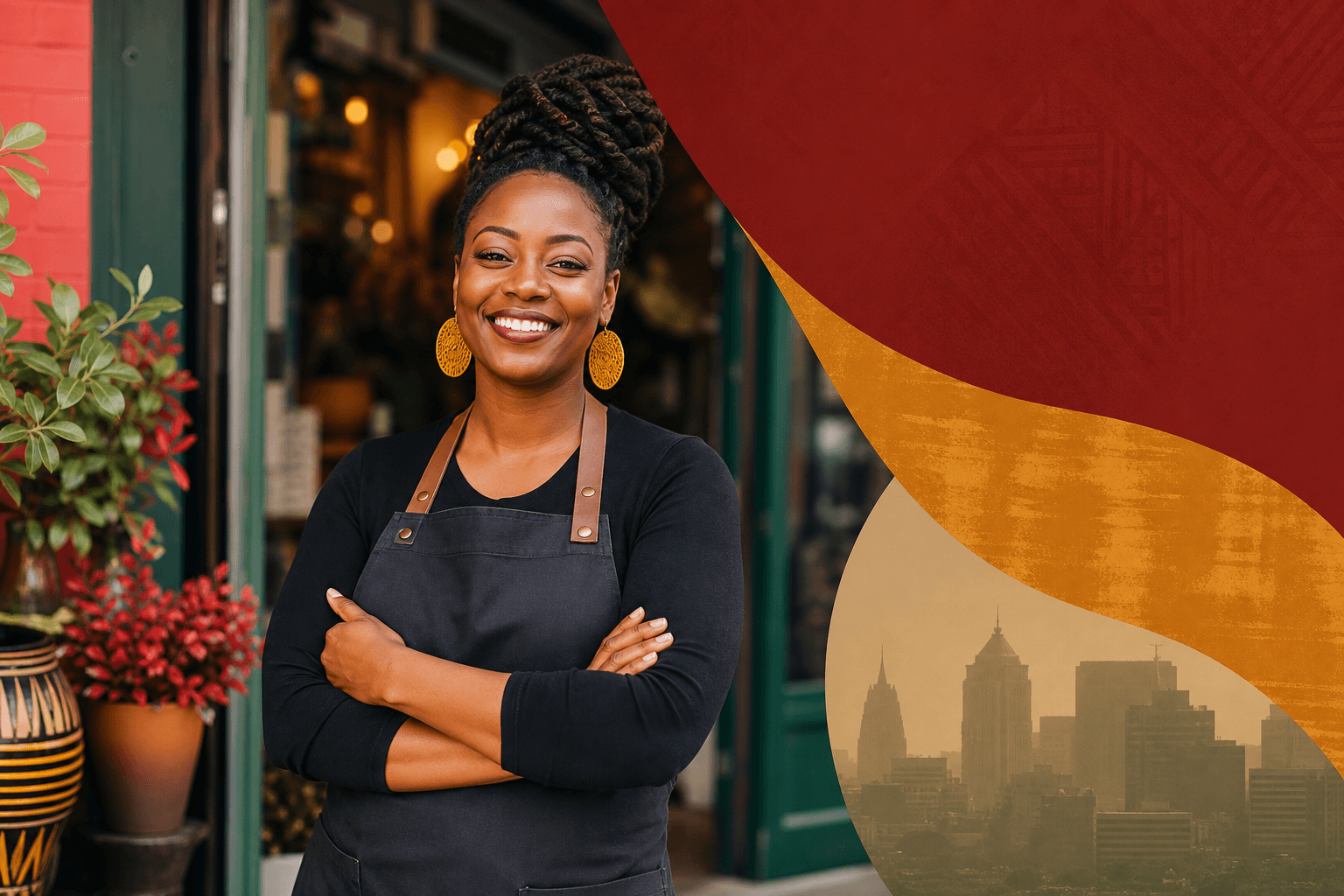 Black business owner using smartphone to manage free online directory listing from storefront